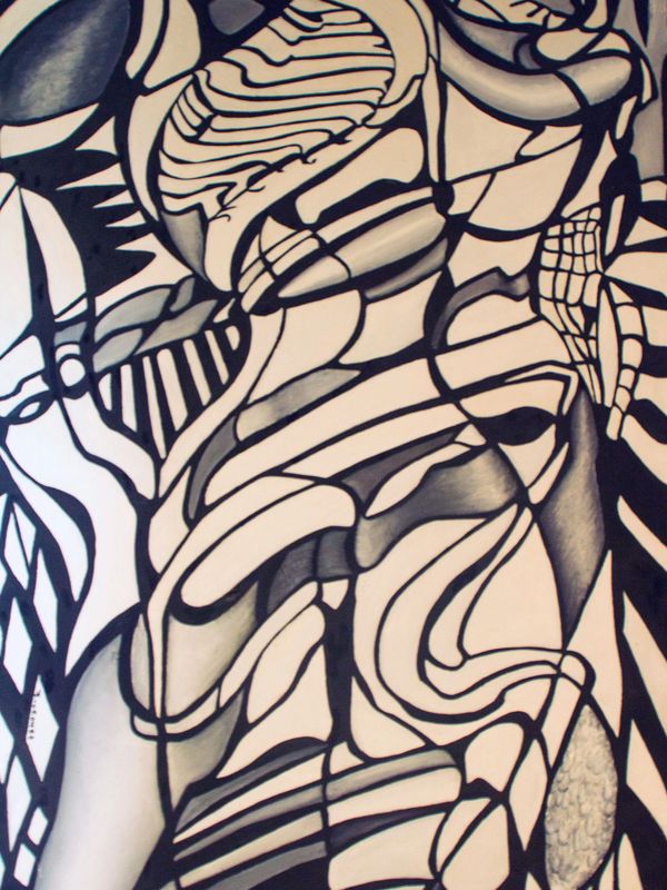 Abstract black and white geometric artwork with intricate patterns and shapes.