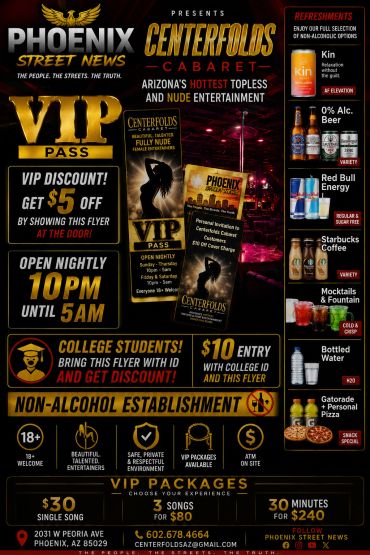 VIP pass flyer for Centerfolds Cabaret with discounts and non-alcoholic refreshments.