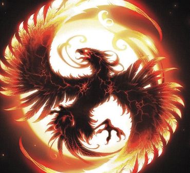 Fiery phoenix with glowing wings in a circular form.
