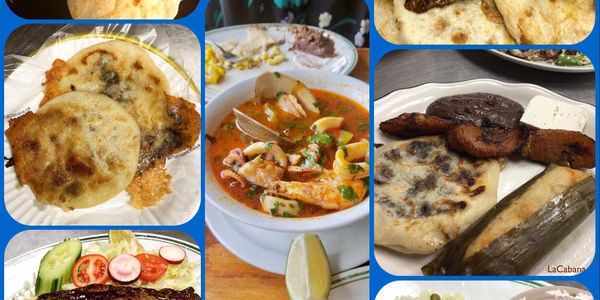 Collage of Salvadoran dishes: pupusas revueltas, seafood soup and a pupusa, tamal and plantain combo