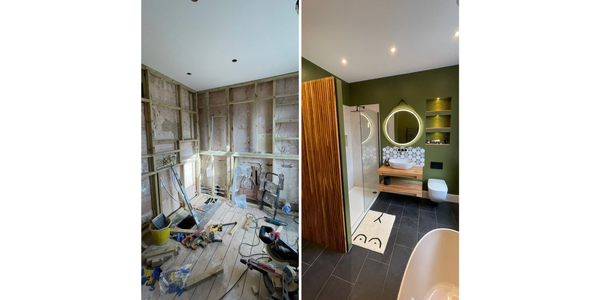 Before and after renovation of a bathroom.