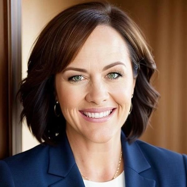 Confident woman in a blue blazer smiling warmly.
