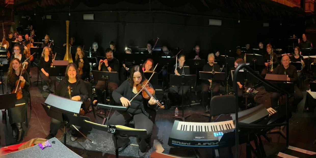 Orchestra performing on stage with various instruments.