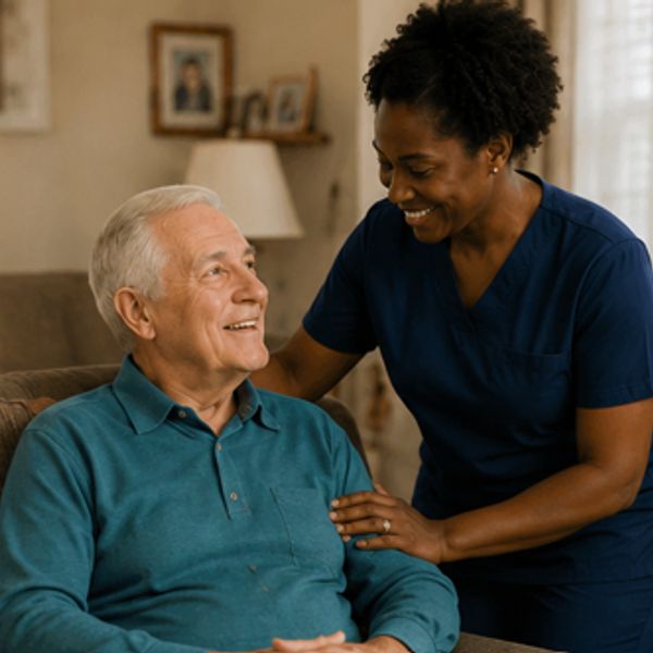 Caregiver assisting elderly man at home.