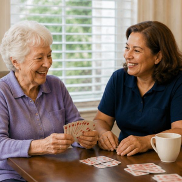 Two women playing cards and smiling indoors.