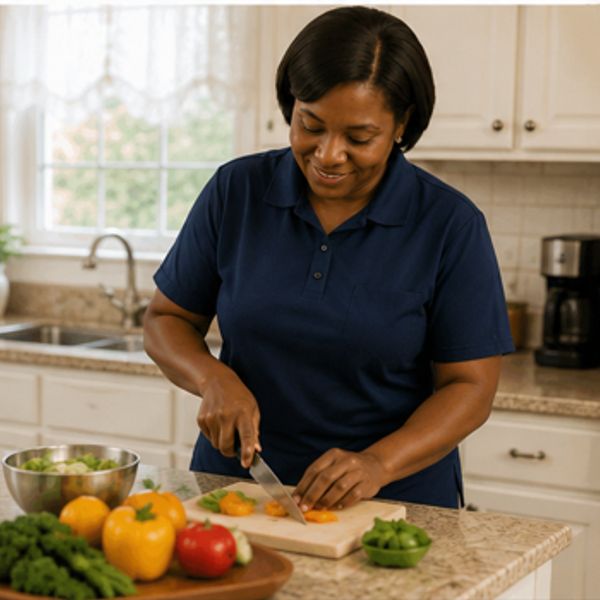 Woman chopping vegetables in kitchen.