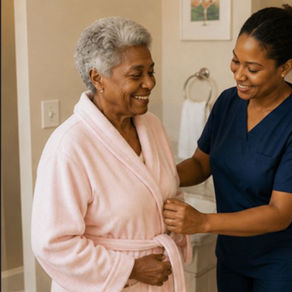 Caregiver helping elderly woman with robe.