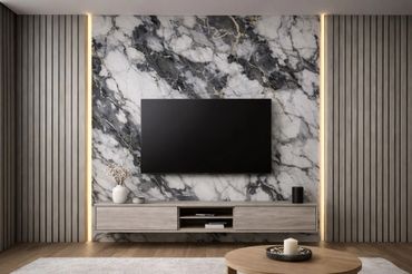 Modern living room with marble feature wall and mounted TV.
