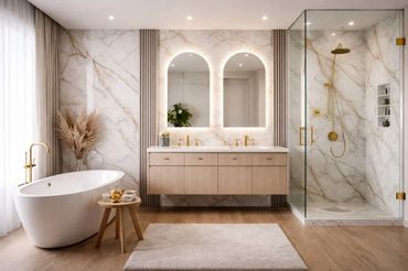 Elegant bathroom with marble walls, gold fixtures, and a freestanding tub.