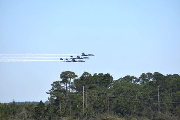 Six jet planes flying in formation above trees with blue sky.