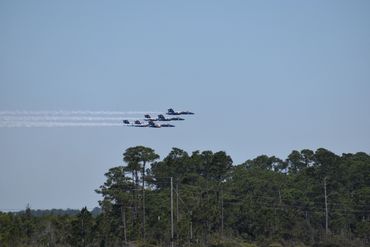 Six jet planes flying in formation above trees with blue sky.