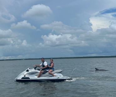 Man and child riding a jet ski near a dolphin in the water.