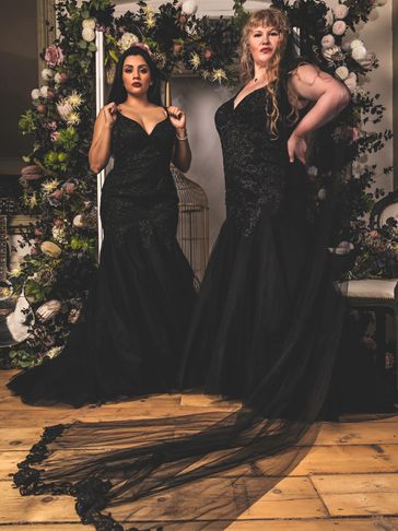 Hannah Black Models wearing the Midnight black fishtail lace wedding dress with tulle skirt.