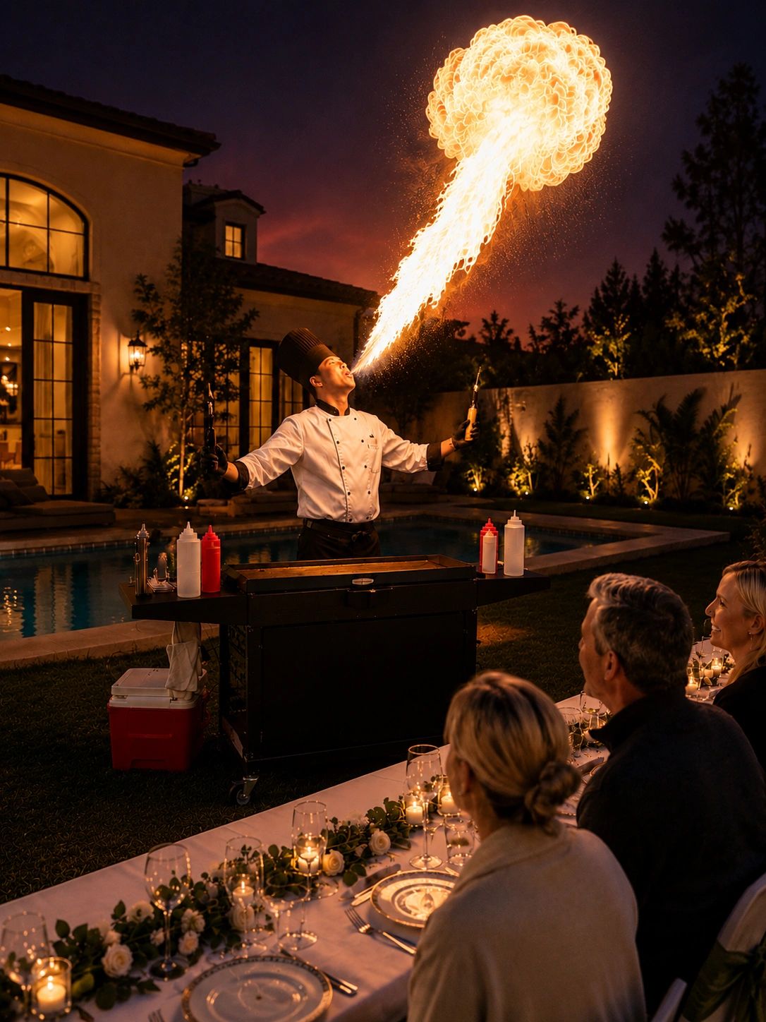 Chef performing fire breathing at an elegant outdoor dinner party.