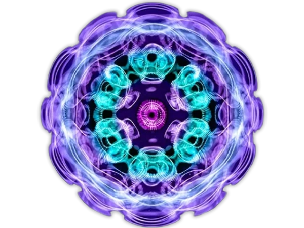 Vibrant, symmetrical neon mandala with purple and turquoise hues on black.