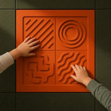 Dos niños explorando el panel MATCH de MEG, diseñado para estimular la exploración sensorial, la percepción táctil y el aprendizaje mediante el juego.