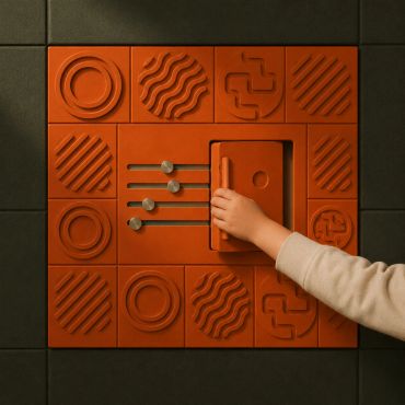 Niño interactuando con el panel UNLOCK de MEG, diseñado para fomentar la motricidad fina, la coordinación y la exploración mediante el juego.