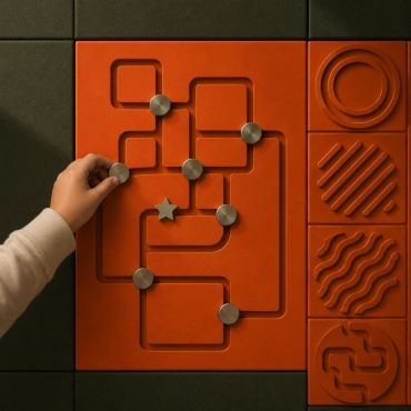 Niño interactuando con el panel EXPLORER de MEG, diseñado para fortalecer la resolución de problemas, el pensamiento lógico y la exploración mediante el juego.