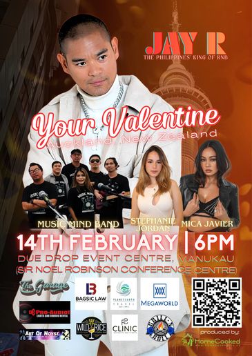 Concert poster for Jay R and artists on Valentine's Day in Auckland.