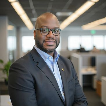 Professional man in glasses and suit smiling in office.