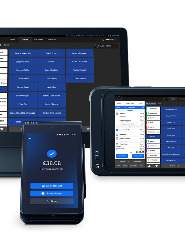 POS systems displaying restaurant orders and payment approval screens.