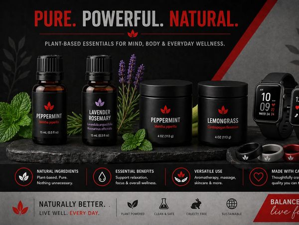 Plant-based wellness products with peppermint, lavender, rosemary, and lemongrass for mind and body.