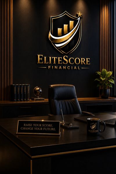 EliteScore Financial office with motivational sign and logo.