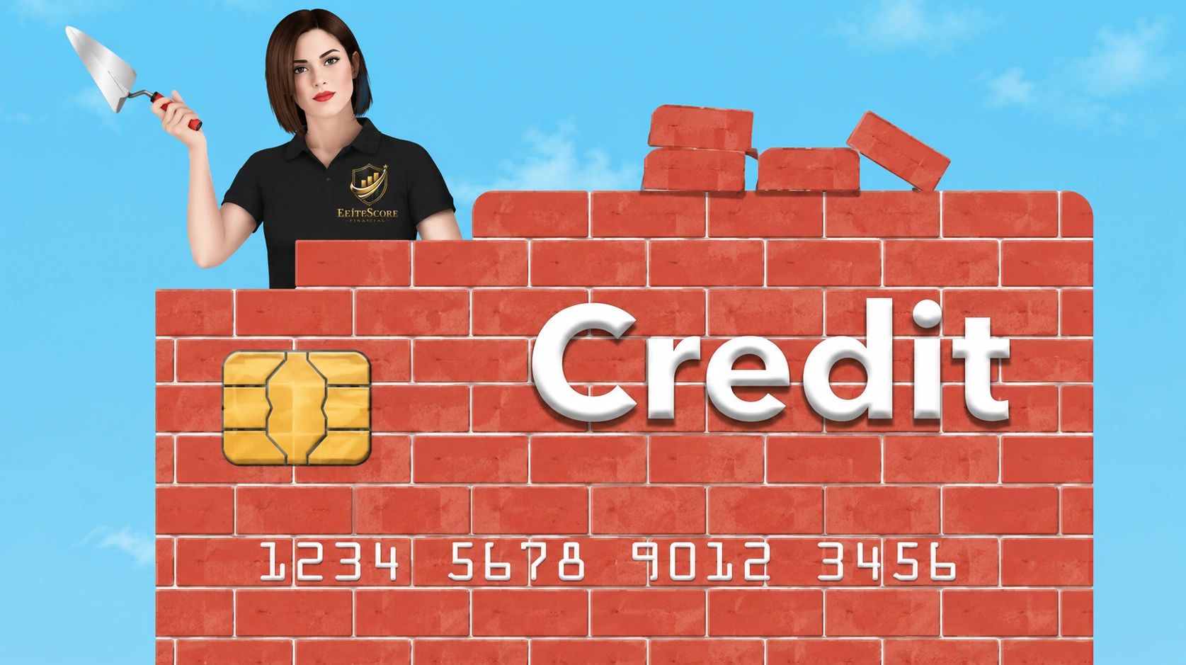 Woman building a credit card wall with bricks.