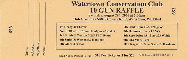 2026 Watertown Conservation Club 10 Gun Raffle ticket