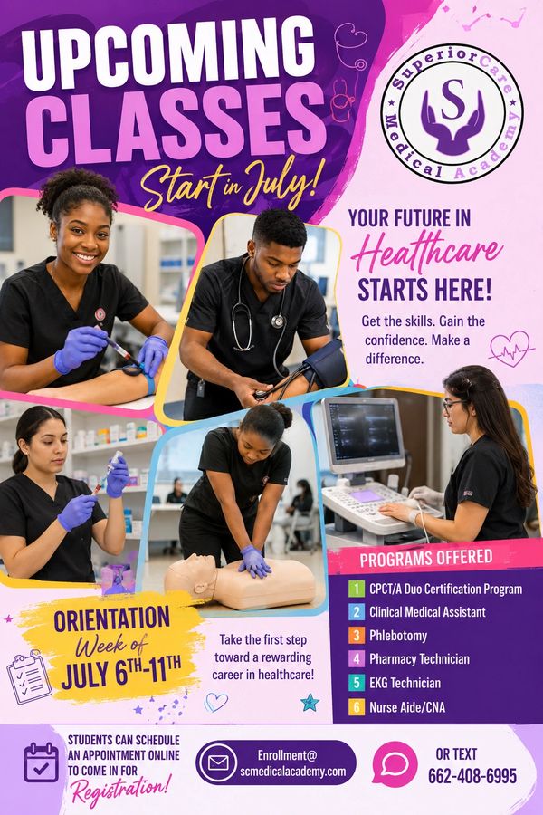 Upcoming healthcare classes start in July at SuperiorCare Medical Academy.