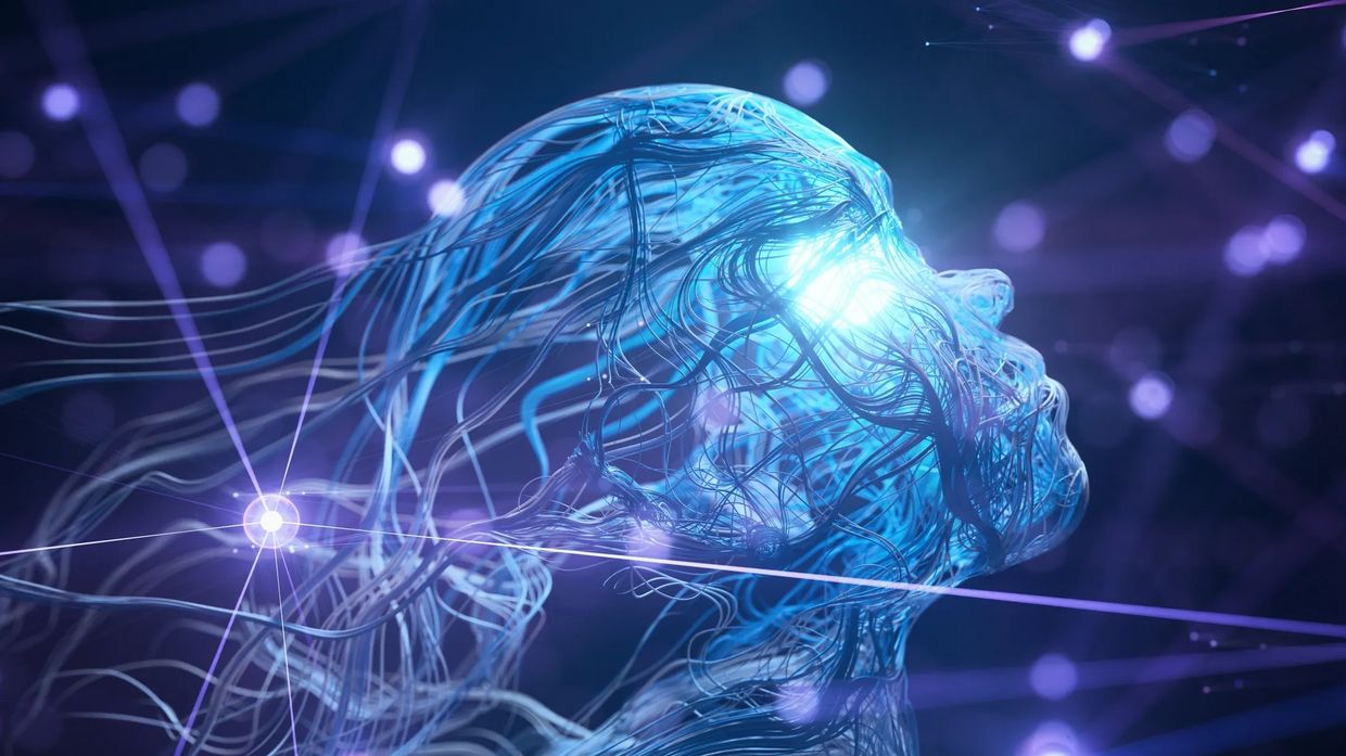 Futuristic digital human head with glowing neural connections in a dark space.