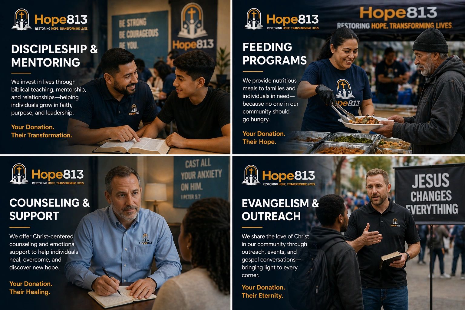 Hope813 supports communities through mentorship, feeding, counseling, and outreach programs.