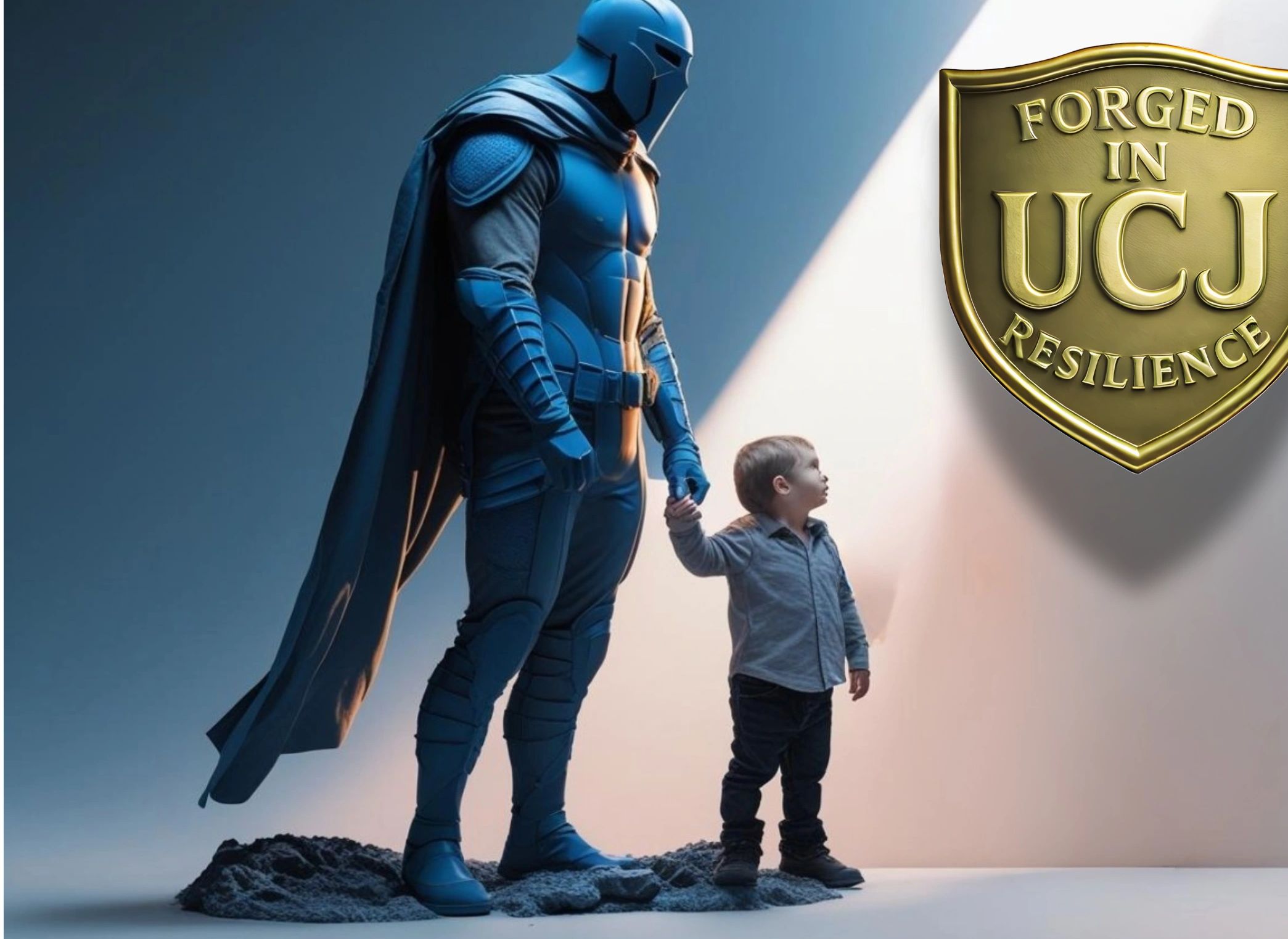 A superhero holding a child's hand under a light with a UCJ resilience shield.
