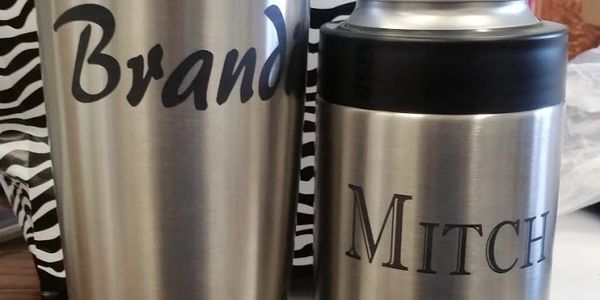 Personalized Stainless Steel tumblers laser etched with  black text 