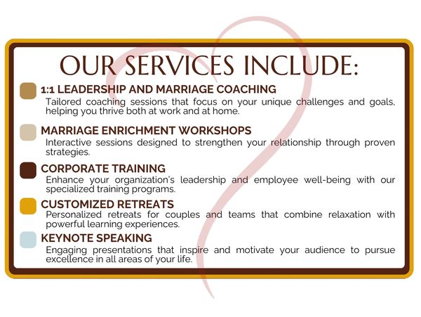 Leadership & Marriage Coaching, Marriage Workshops, Corporate Training, Customized Retreats, Keynote