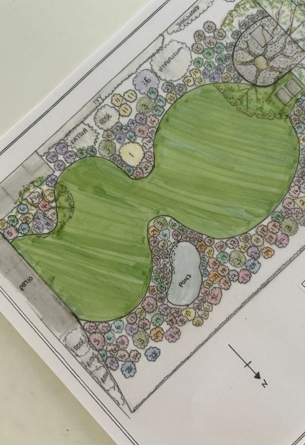 Detailed hand-drawn garden landscape plan with labeled plants and features.