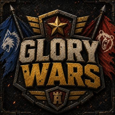 Logo of Glory Wars with wolf and bear flags.