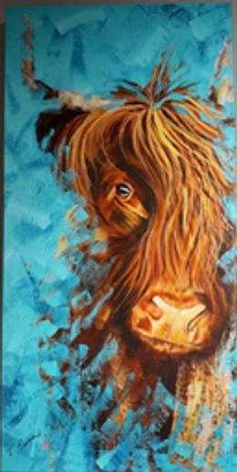 Abstract painting of a cow's face with vibrant colors.