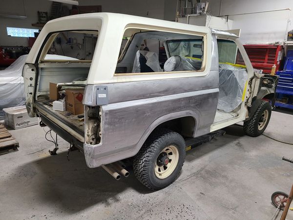 A 1984 Ford Bronco Auto Restoration prepping for a show car paint job