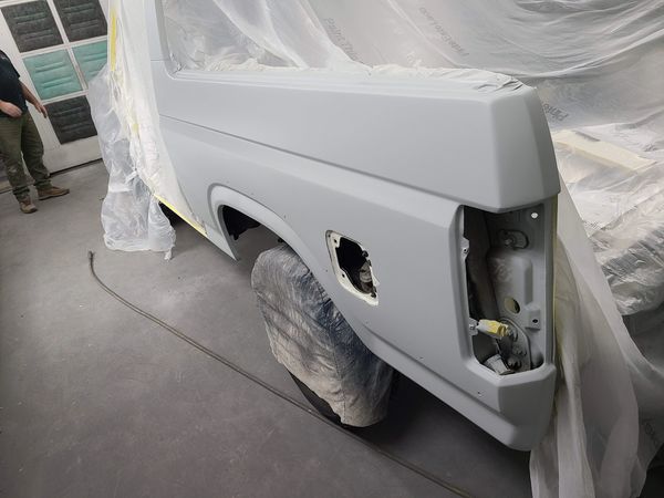 A 1984 Ford Bronco restoration in primer stage