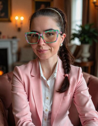 Woman in pink blazer with patterned glasses.