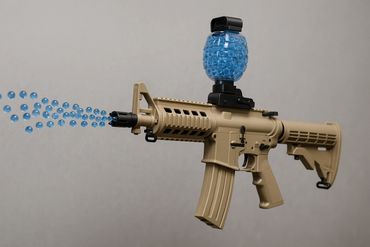 A toy gun shooting blue gel balls.