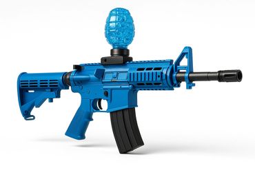 A blue toy gun with a translucent blue grenade-shaped attachment on top.