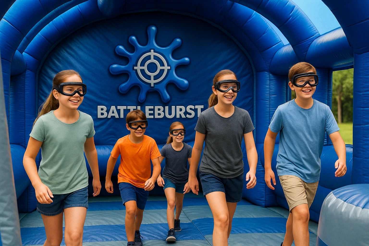 Kids wearing goggles play inside a blue inflatable battle arena.