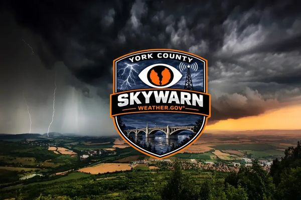 York County Skywarn weather alert logo over a stormy rural landscape.