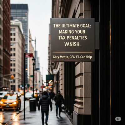 A sign in  NYC: "The Ultimate Goal: Making Your Tax Penalties Vanish. Gary Mehta, CPA, EA Can Help."