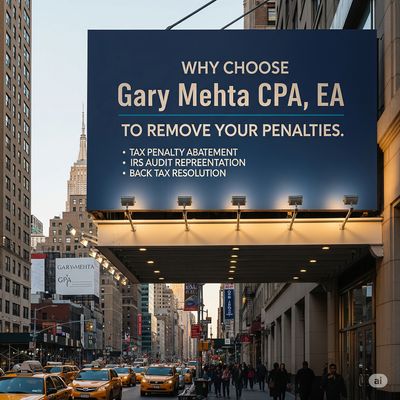 A professional sign for Gary Mehta CPA, EA in a New York City setting.