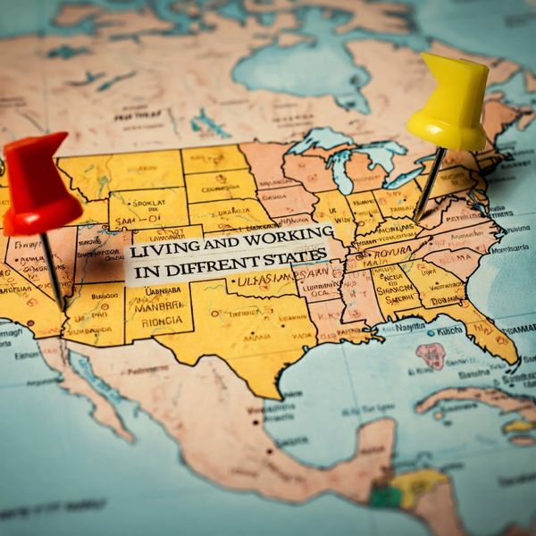 Map of USA describing multistate tax issues with Living and working in different states