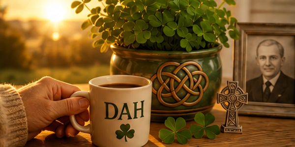 Hand holding a mug with DAH and clover, Irish-themed items on a table.