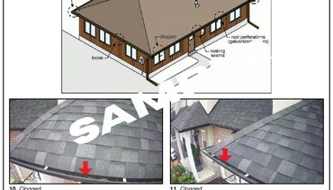 Roof inspection showing clogged gutters and leaking seams on a house.